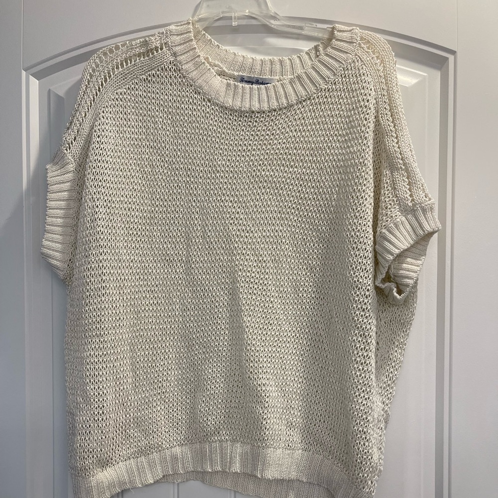 Tommy bahama women’s knit sweater boat neck short sleeve white silver metallic